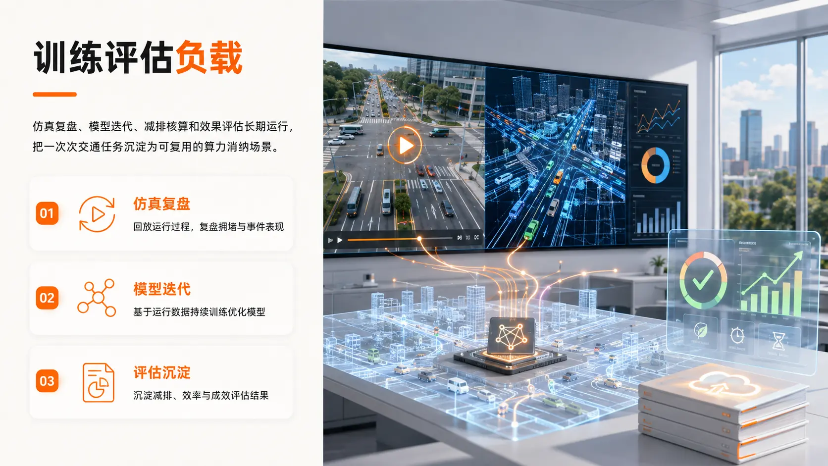 训练评估负载：仿真复盘、模型迭代、减排核算和效果评估沉淀