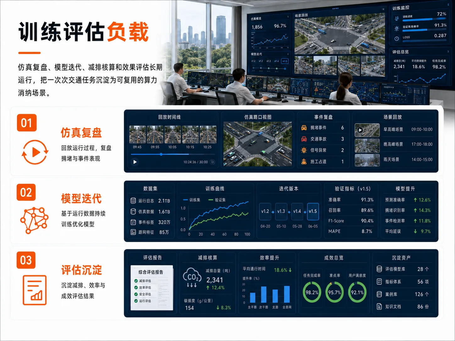 训练评估负载：仿真复盘、模型迭代、减排核算和效果评估沉淀