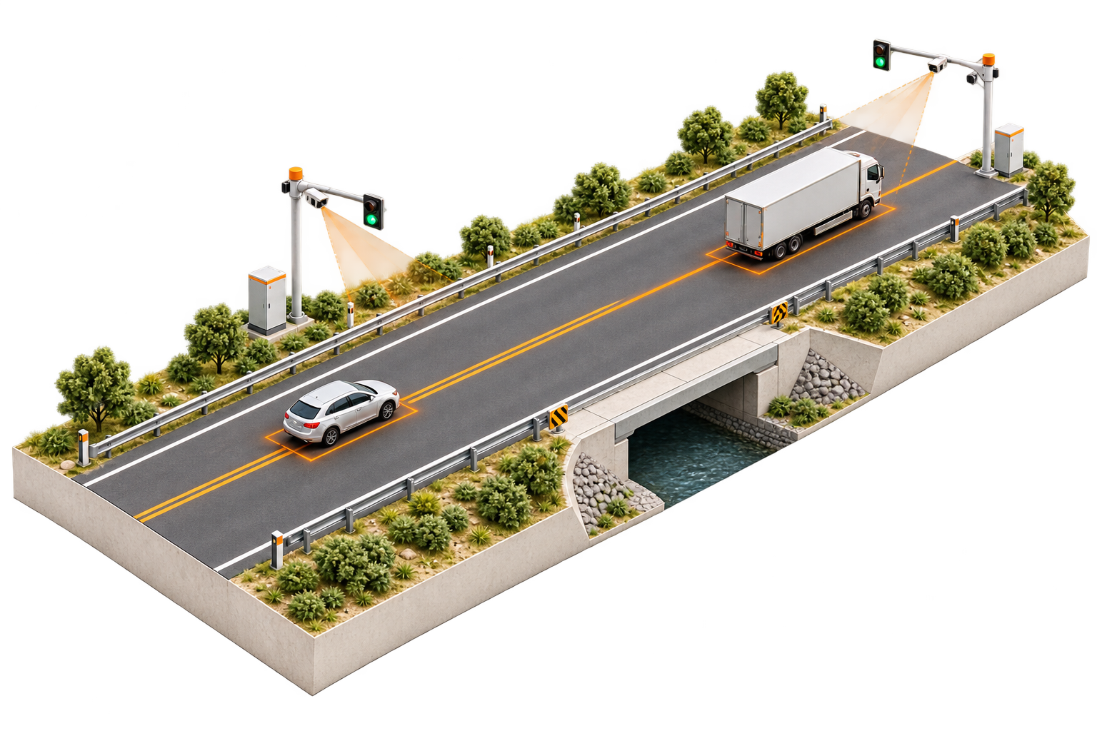国省道货车识别、绿波通行与道路设施保护场景示意